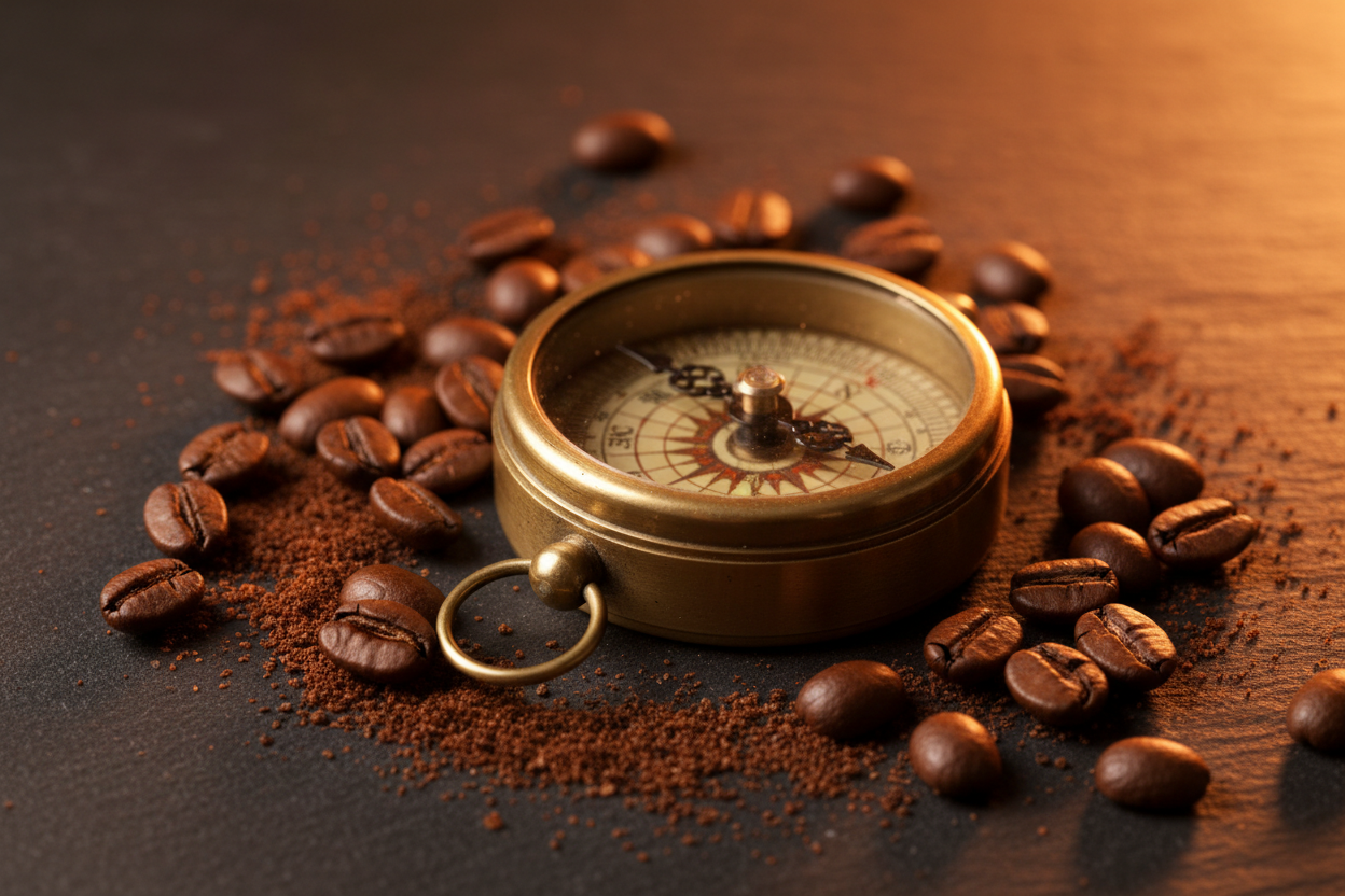 Coffee beans around a compass